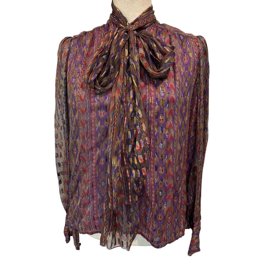 Sheer Multi-Color Tie-Neck Blouse